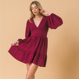 Flying Tomato V-Neck Long Sleeve Textured Mini Dress in Wine
